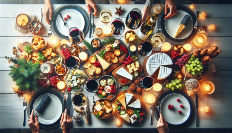 Un tavolo imbandito con piatti deliziosi e bicchieri di vino, pronto per una festa tra amici.