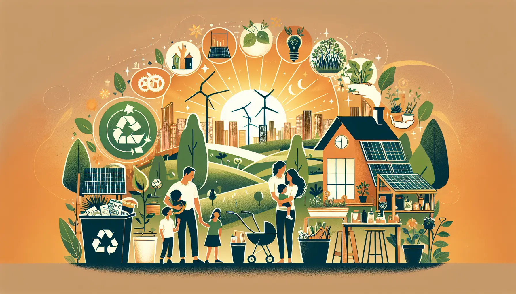 Una famiglia impegnata in pratiche di economia circolare, come il compostaggio e il riuso creativo in casa.