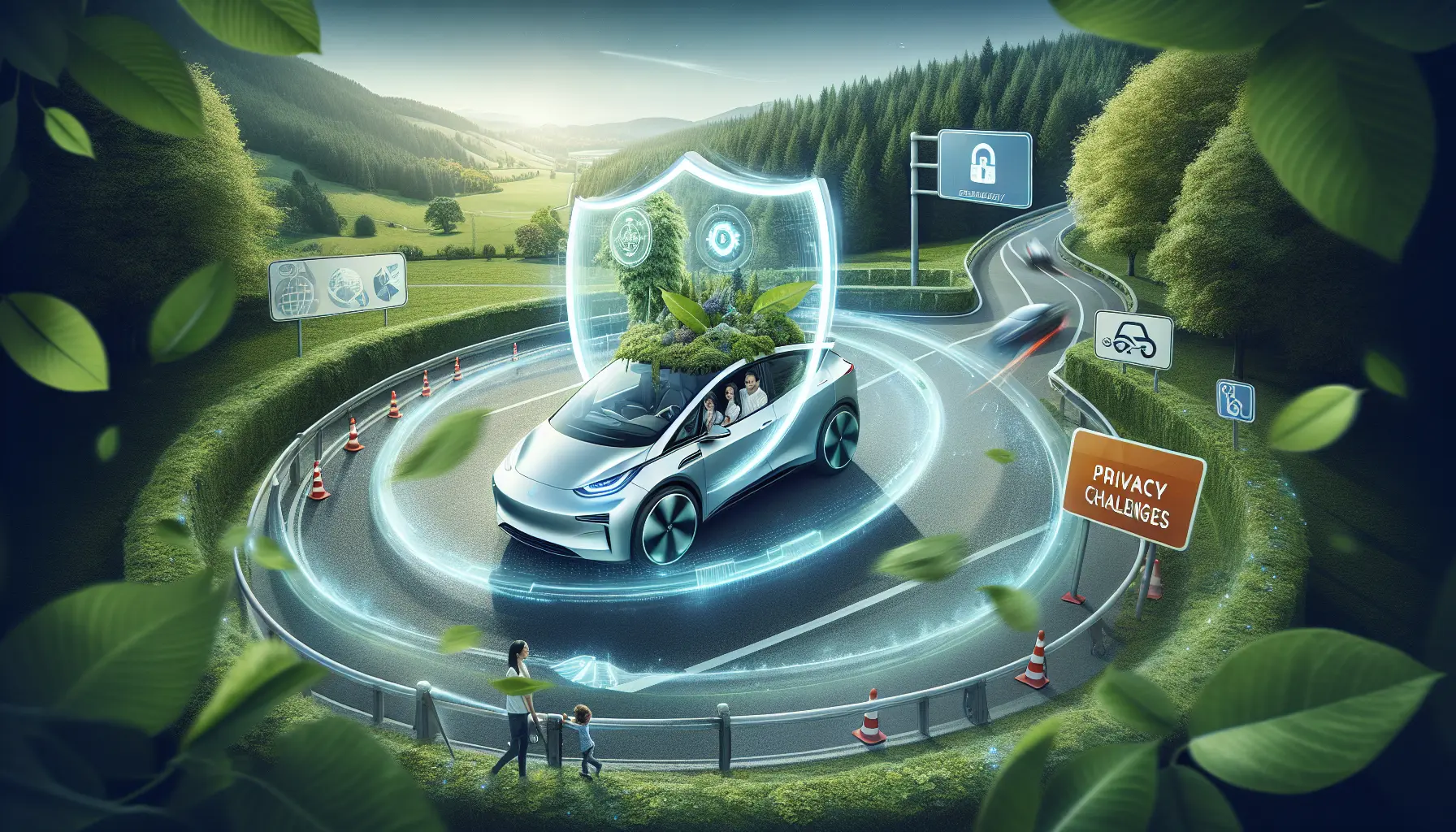 Un'auto elettrica in una strada silenziosa, circondata da natura, simboleggia la sostenibilità e il futuro della mobilità.