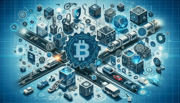 Un collage di veicoli autonomi, logistica e pagamenti digitali rappresentativi della rivoluzione della mobilità tramite blockchain.