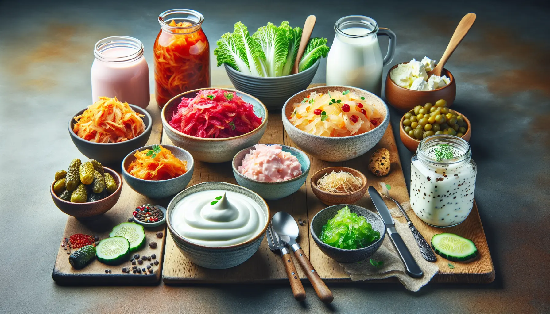 Una selezione di cibi fermentati come crauti, yogurt e kimchi disposti su un tavolo con ingredienti freschi e spezie.