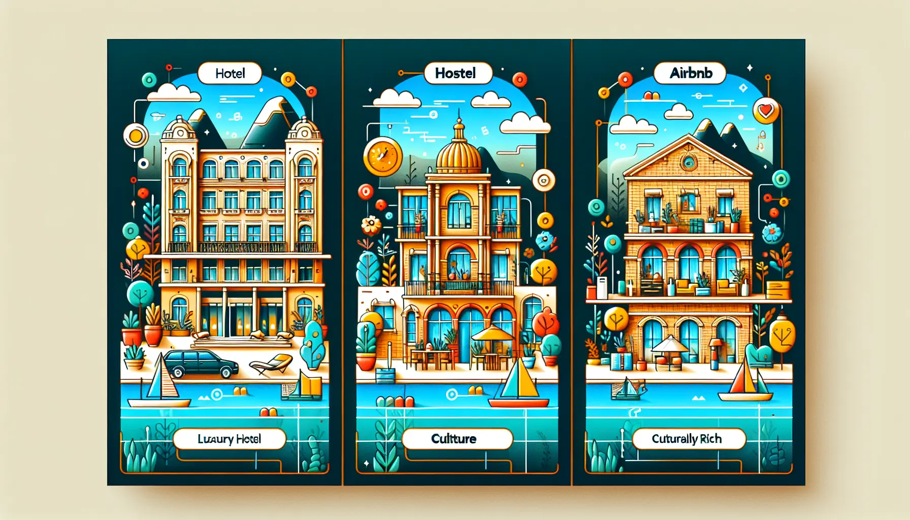 Un collage di diverse tipologie di alloggio per viaggiatori di lusso, inclusi hotel eleganti, ostelli moderni e affitti Airbnb unici.