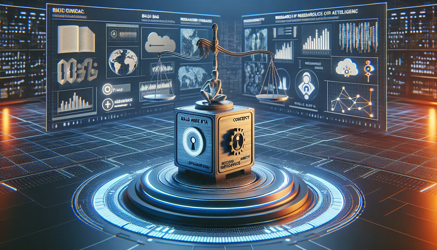 Un'immagine che rappresenta l'etica nell'intelligenza artificiale, con simboli di giustizia e tecnologia.