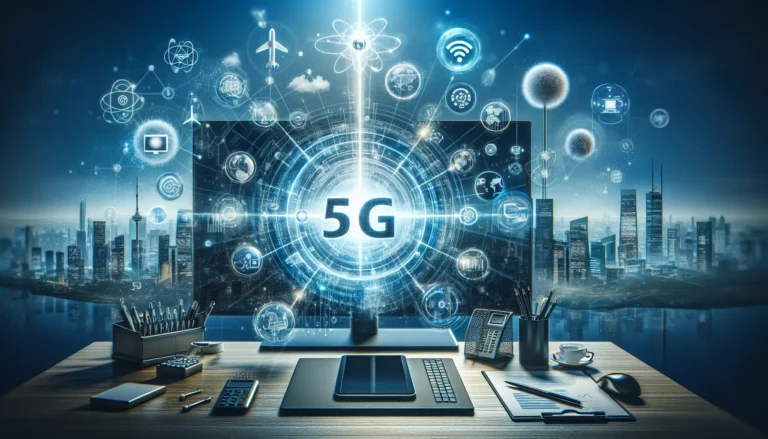 Rappresentazione grafica della rete 5G con dispositivi connessi e elementi di intelligenza artificiale.