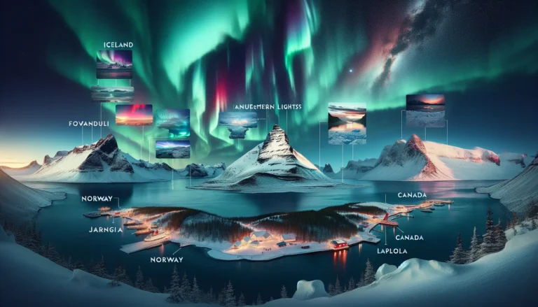 Un panorama notturno con l'aurora boreale che danza nel cielo sopra un paesaggio innevato.