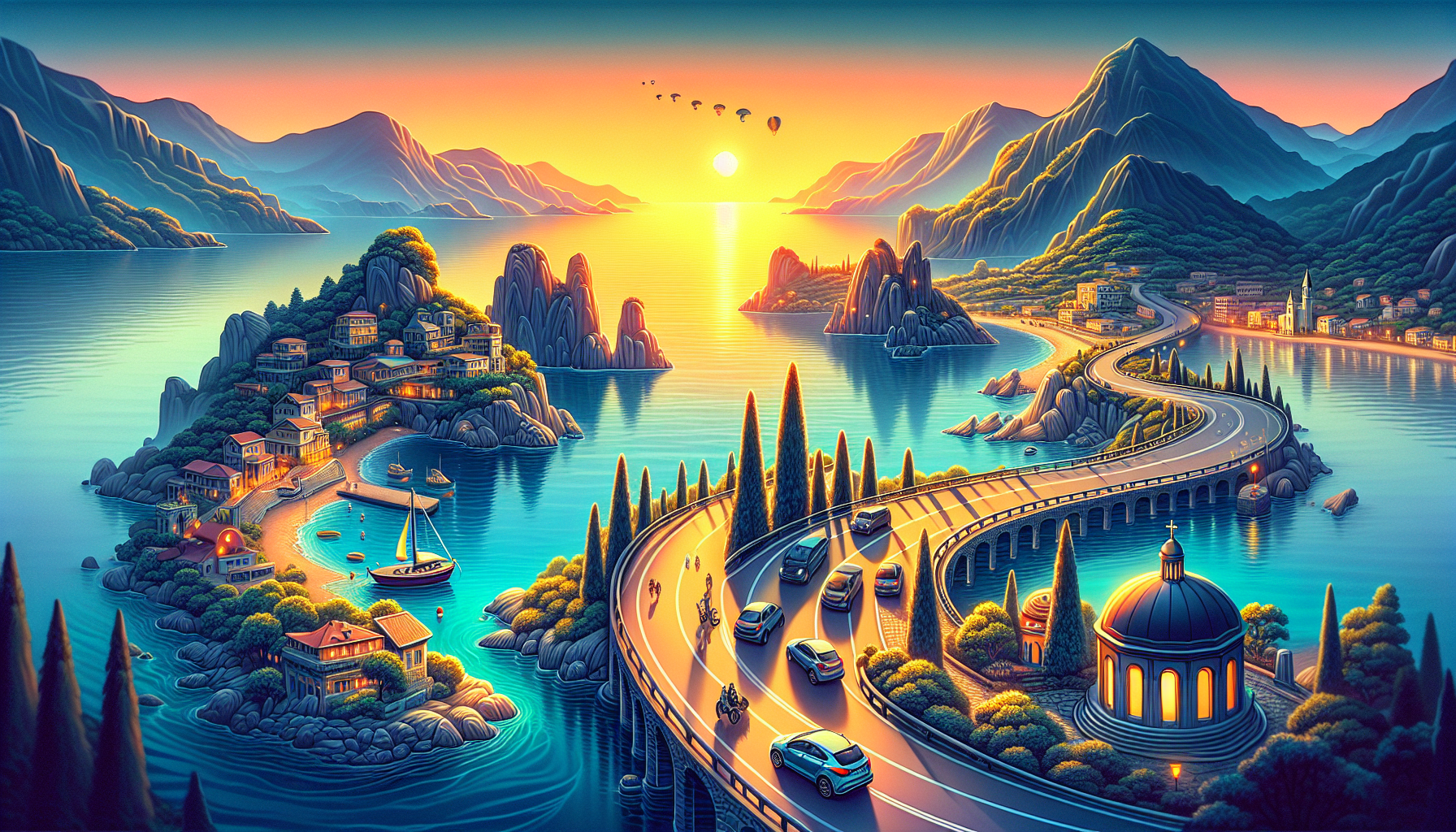 Una strada panoramica attraverso le Highlands scozzesi, circondata da colline verdi e laghi scintillanti.