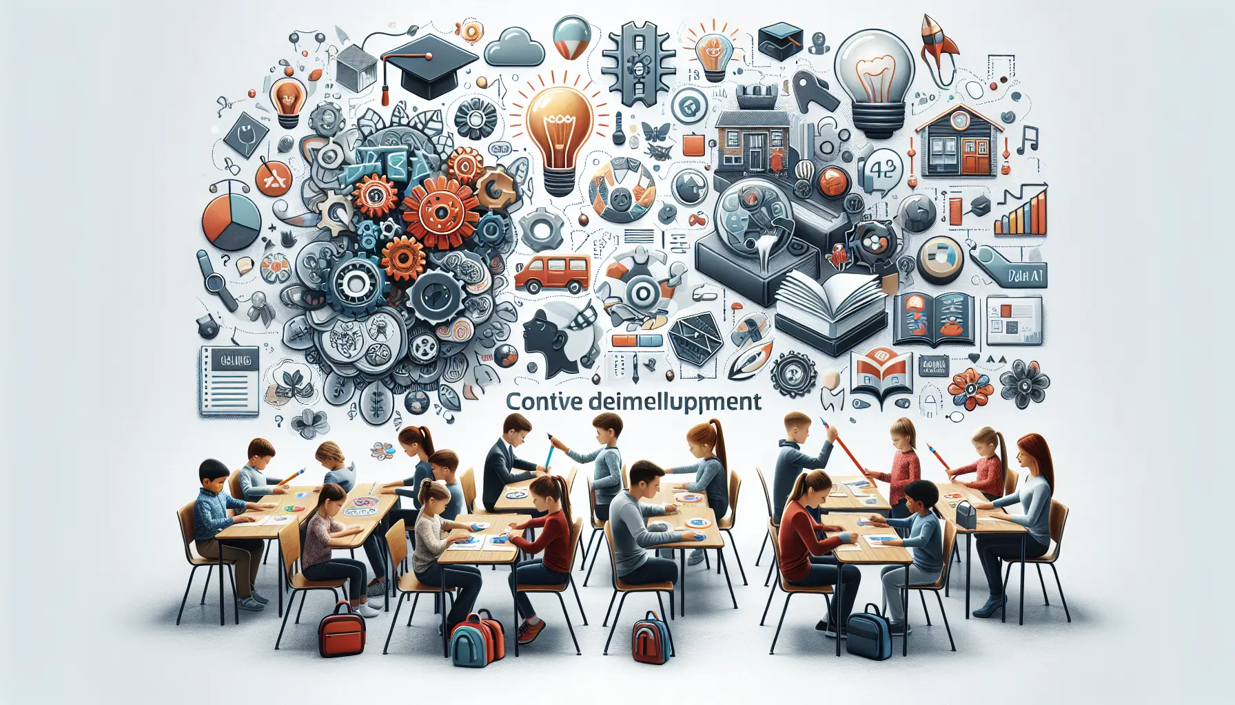 Un bambino che legge un libro in due lingue diverse, circondato da giochi e materiali didattici.