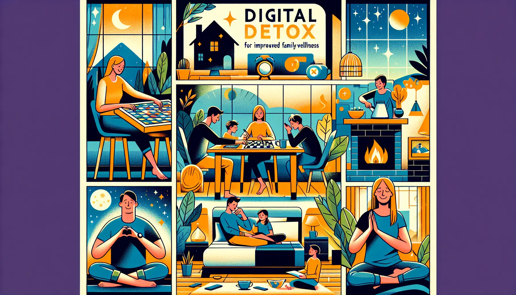 Una famiglia che si gode una serata senza tecnologia, ridendo e condividendo momenti speciali.