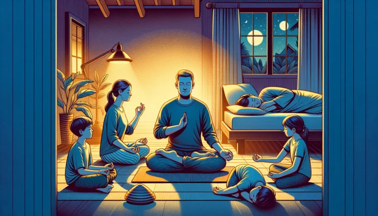 Una famiglia che pratica meditazione insieme prima di andare a letto in un ambiente sereno e rilassato.