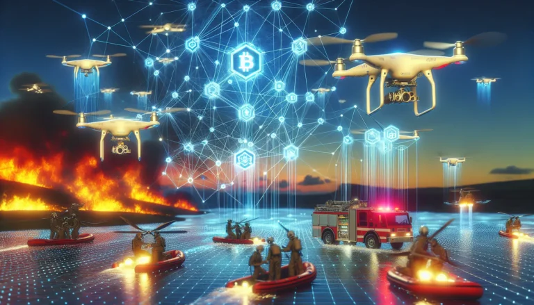 Un drone in azione durante un'operazione di soccorso, sorvolando un'area colpita da una calamità naturale.