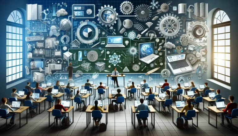 Studenti che utilizzano dispositivi tecnologici in un'aula moderna