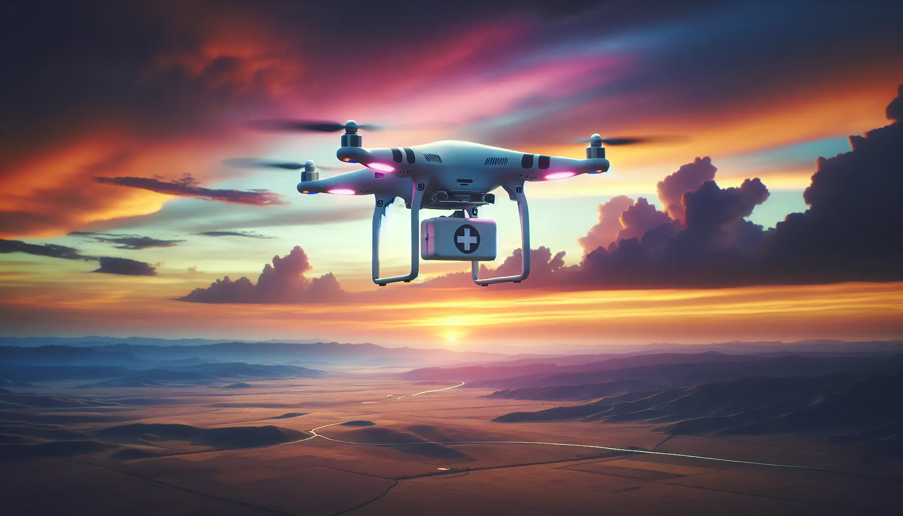 Un drone in volo sopra un'area colpita da un disastro naturale, pronto a raccogliere dati e supportare le operazioni di soccorso.