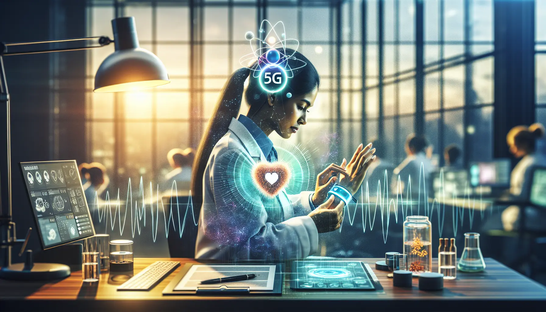Dispositivi indossabili per il monitoraggio della salute, come smartwatch e fitness tracker, con grafica che rappresenta la connettività 5G.