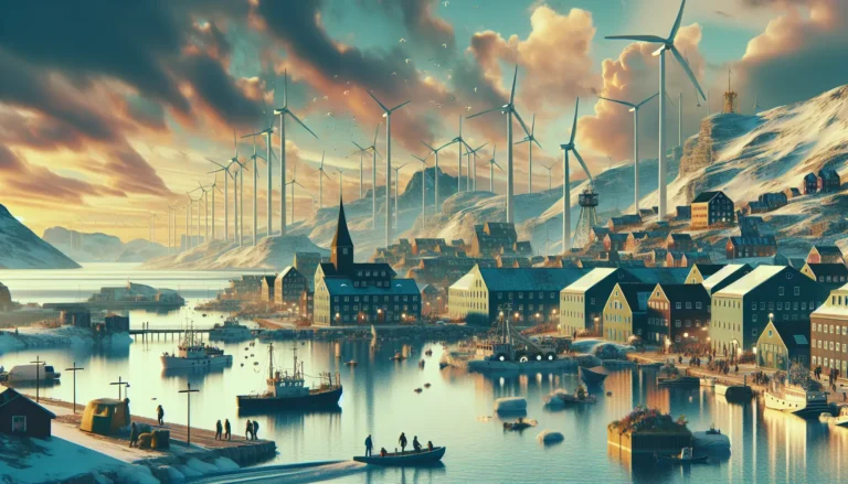 Paesaggio di Nuuk con montagne e fiordi, simbolo di bellezza naturale e sostenibilità