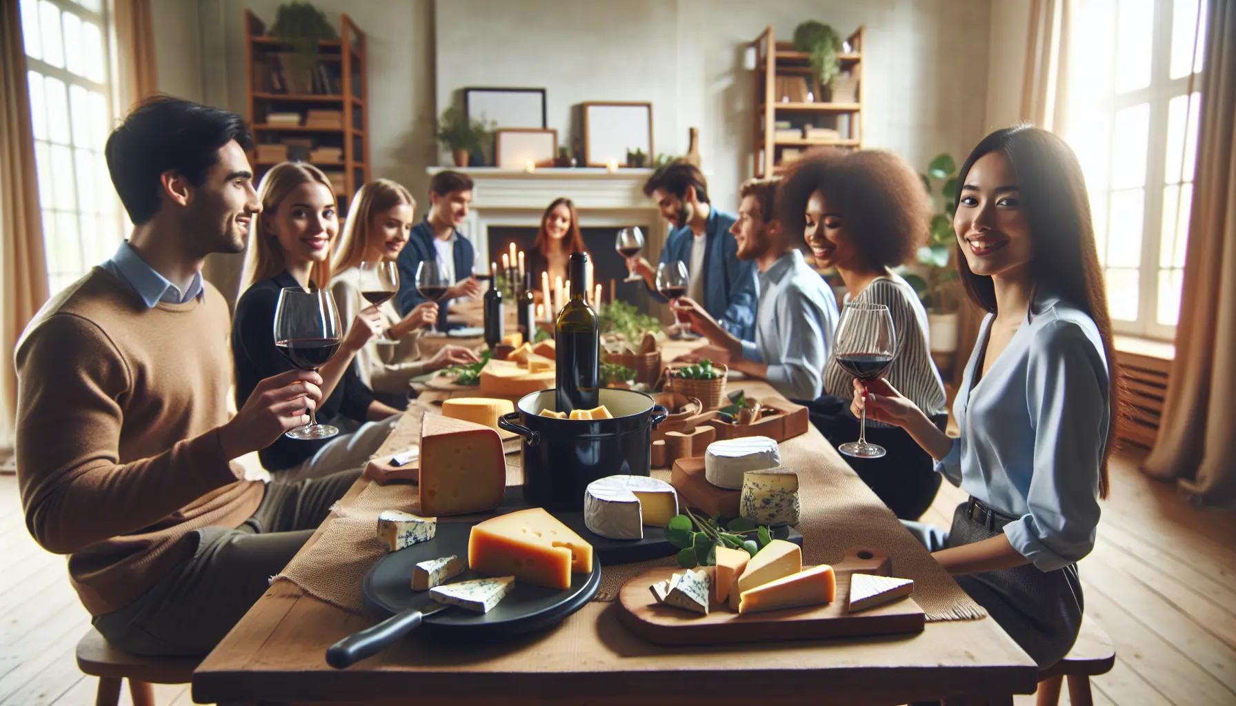 Un elegante tavolo imbandito con vari formaggi e vini, pronto per una degustazione.