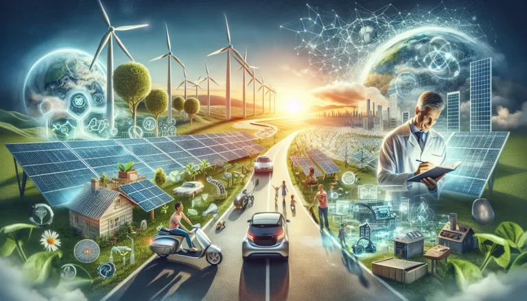 Pannelli solari e turbine eoliche che simboleggiano l'energia rinnovabile e un futuro sostenibile.