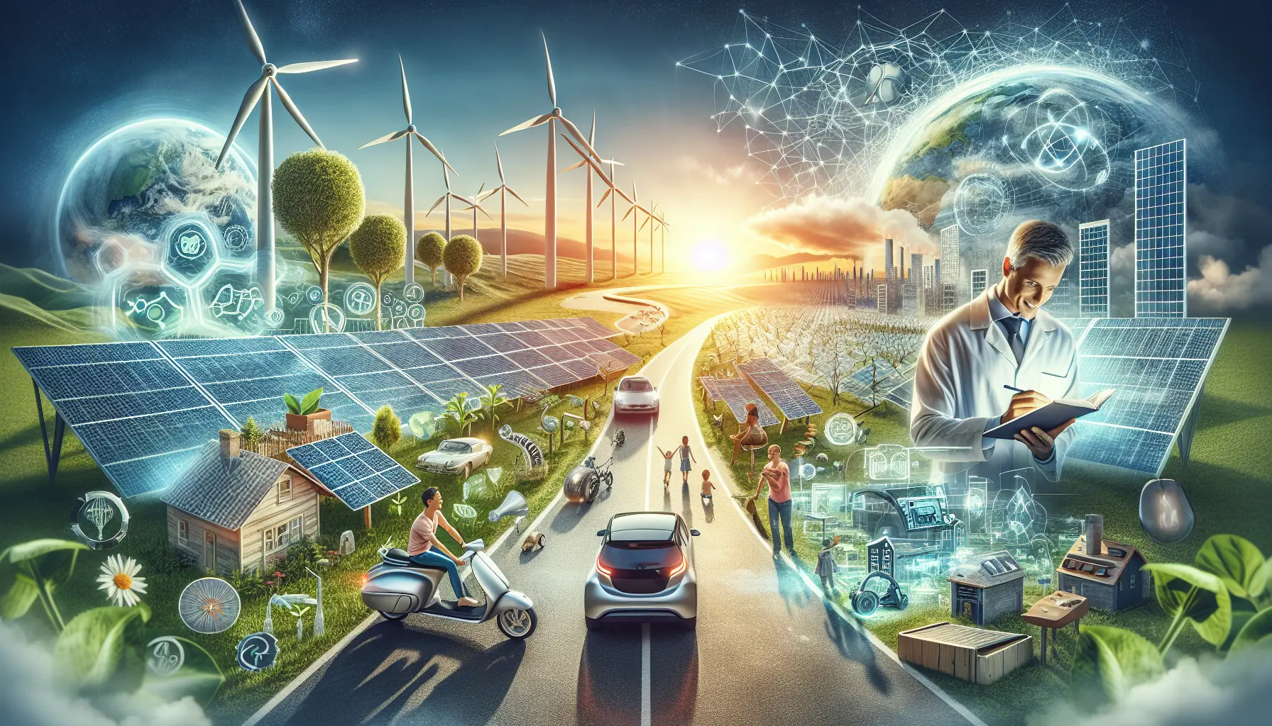 Pannelli solari e turbine eoliche che simboleggiano l'energia rinnovabile e un futuro sostenibile.