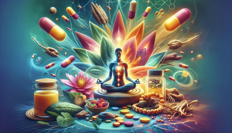 Un tavolo con diversi integratori naturali, erbe e una persona che medita serenamente