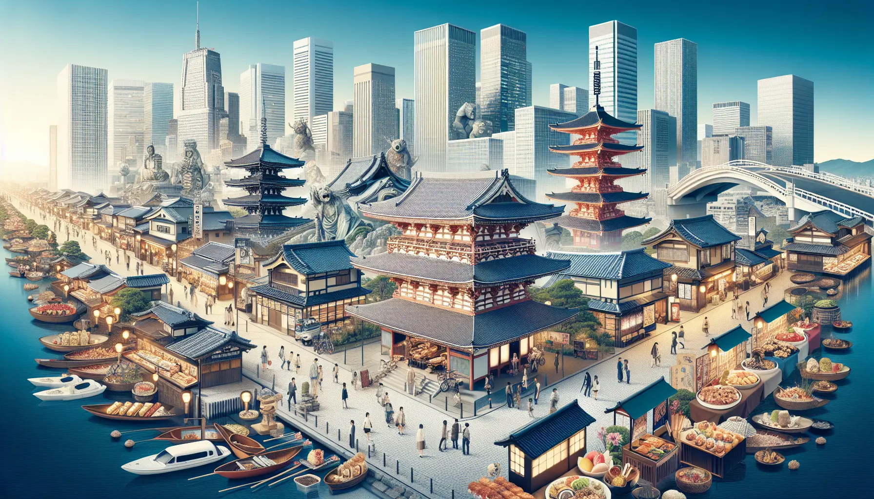 Un paesaggio giapponese che mostra un tempio tradizionale circondato da ciliegi in fiore e una vista moderna della città sullo sfondo.