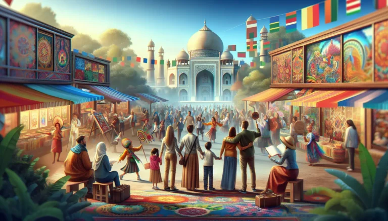 Famiglia che partecipa a un festival culturale all'aperto, con bambini che si divertono tra musica e colori.