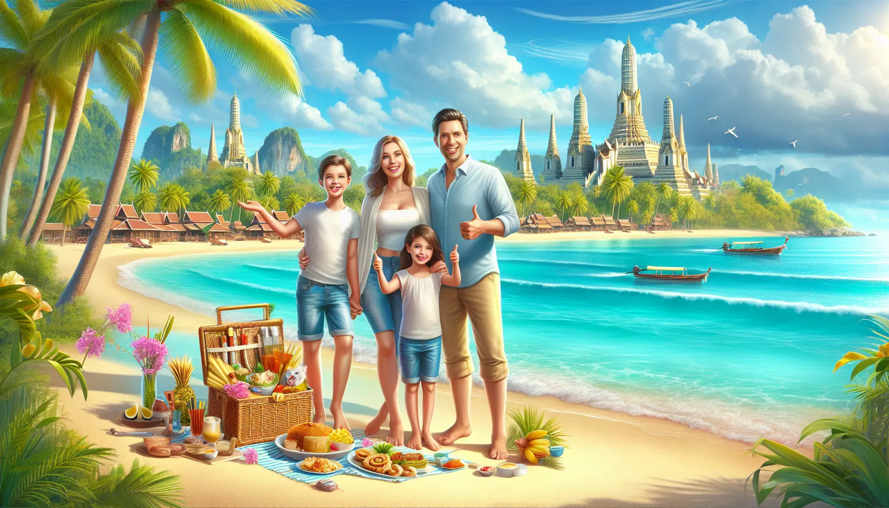 Spiaggia tropicale in Thailandia con famiglie che si divertono