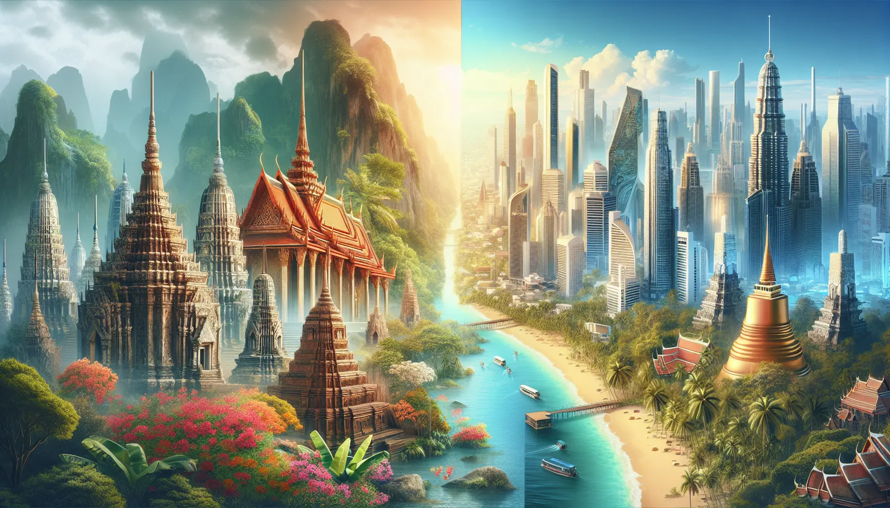 Un paesaggio thailandese con templi e spiagge tropicali, simbolo della fusione tra tradizione e innovazione.
