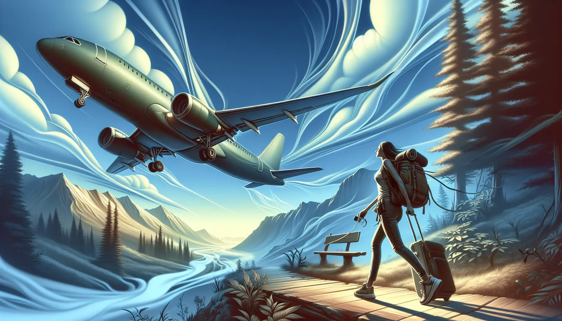 Giovane viaggiatore in volo verso avventure naturali, circondato da nuvole soffici