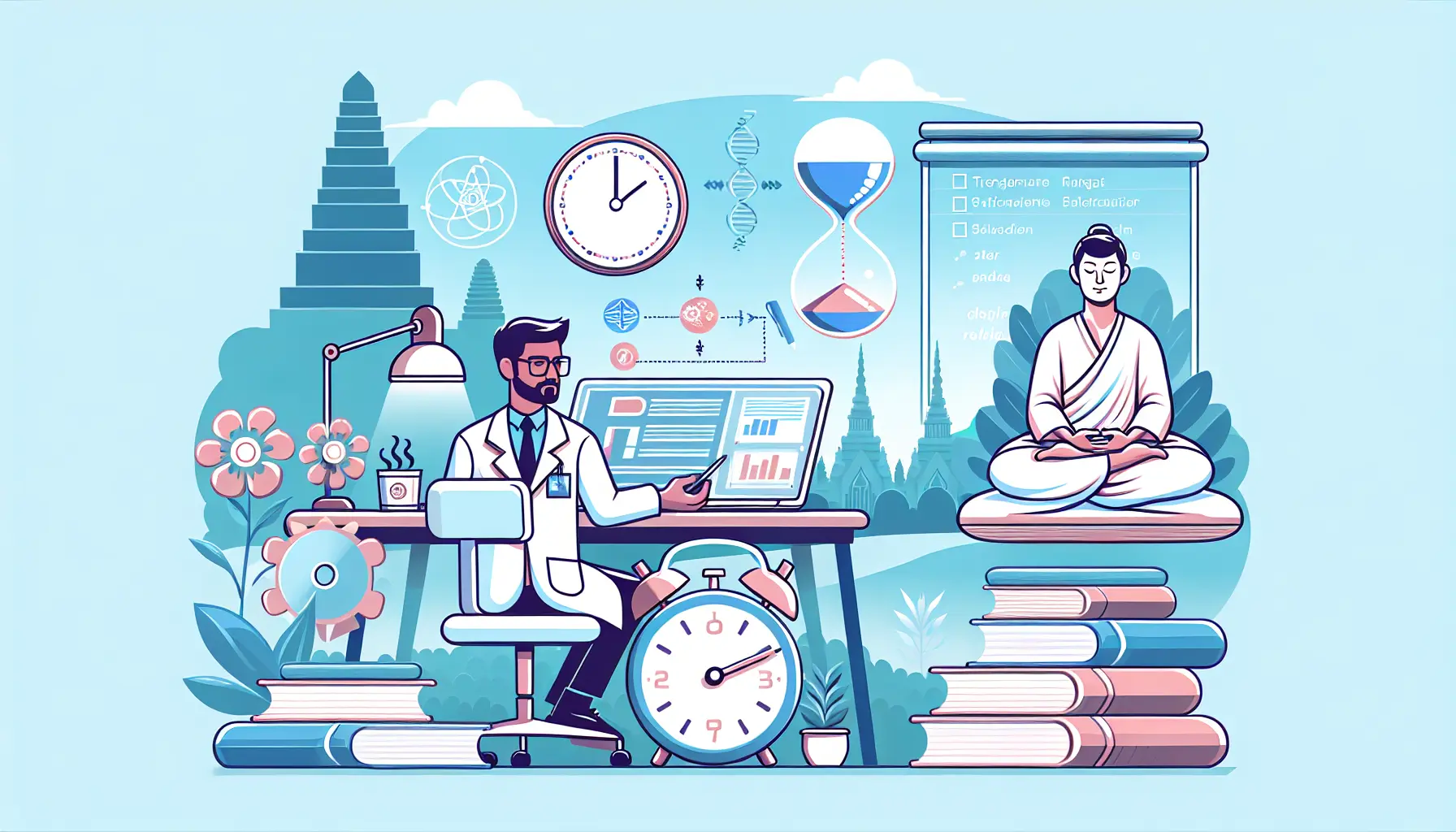 Un professionista che studia in un ambiente tranquillo e organizzato, concentrato su un libro con appunti e tecnologie moderne.