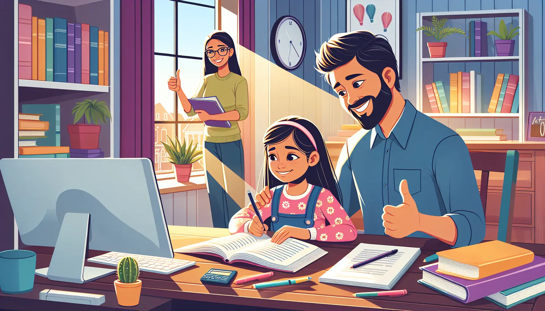 Genitori che supportano i propri figli nello studio, creando un ambiente di apprendimento positivo.