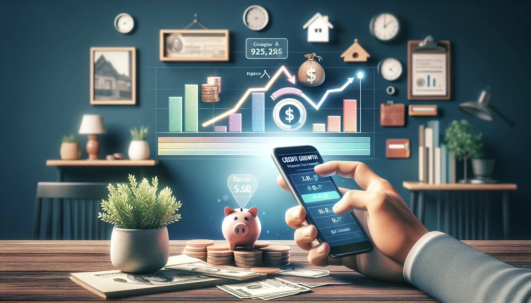 Un grafico che mostra un punteggio creditizio crescente con icone di app di gestione finanziaria sullo sfondo.