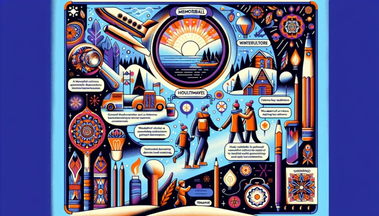 Bambini che giocano nella neve in un paesaggio montano con botteghe artigiane sullo sfondo.