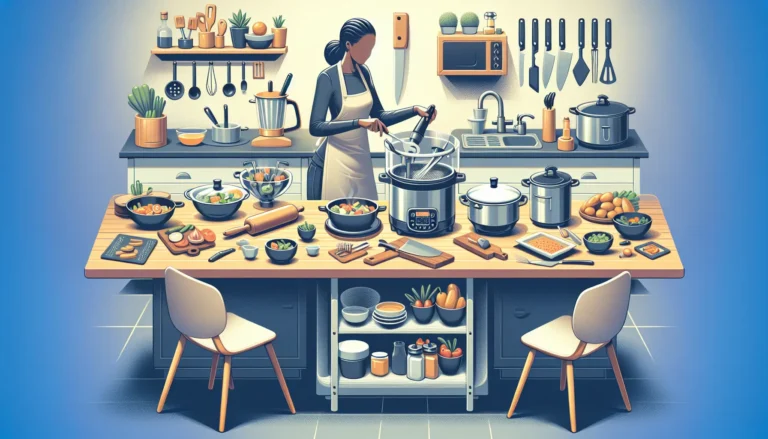 Varietà di utensili da cucina disposti su un tavolo, tra cui padelle, coltelli e robot da cucina.