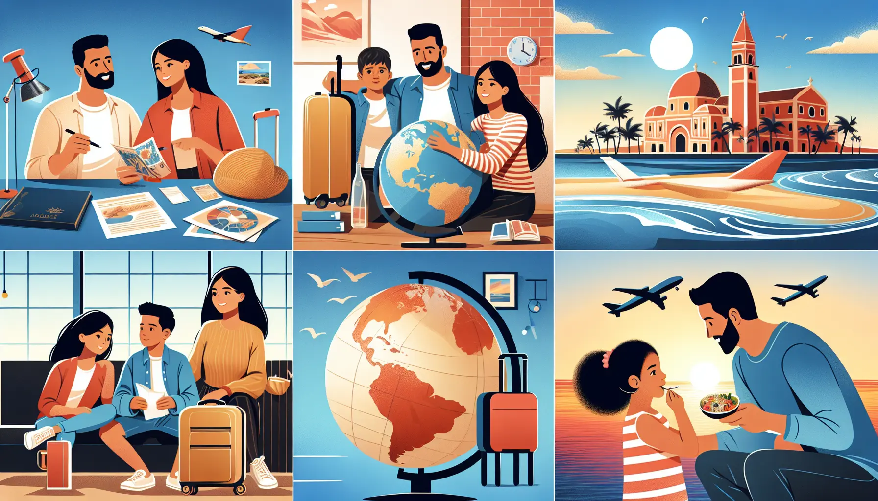 Famiglia in viaggio esplorando un mercato locale, sorrisi e colori vivaci