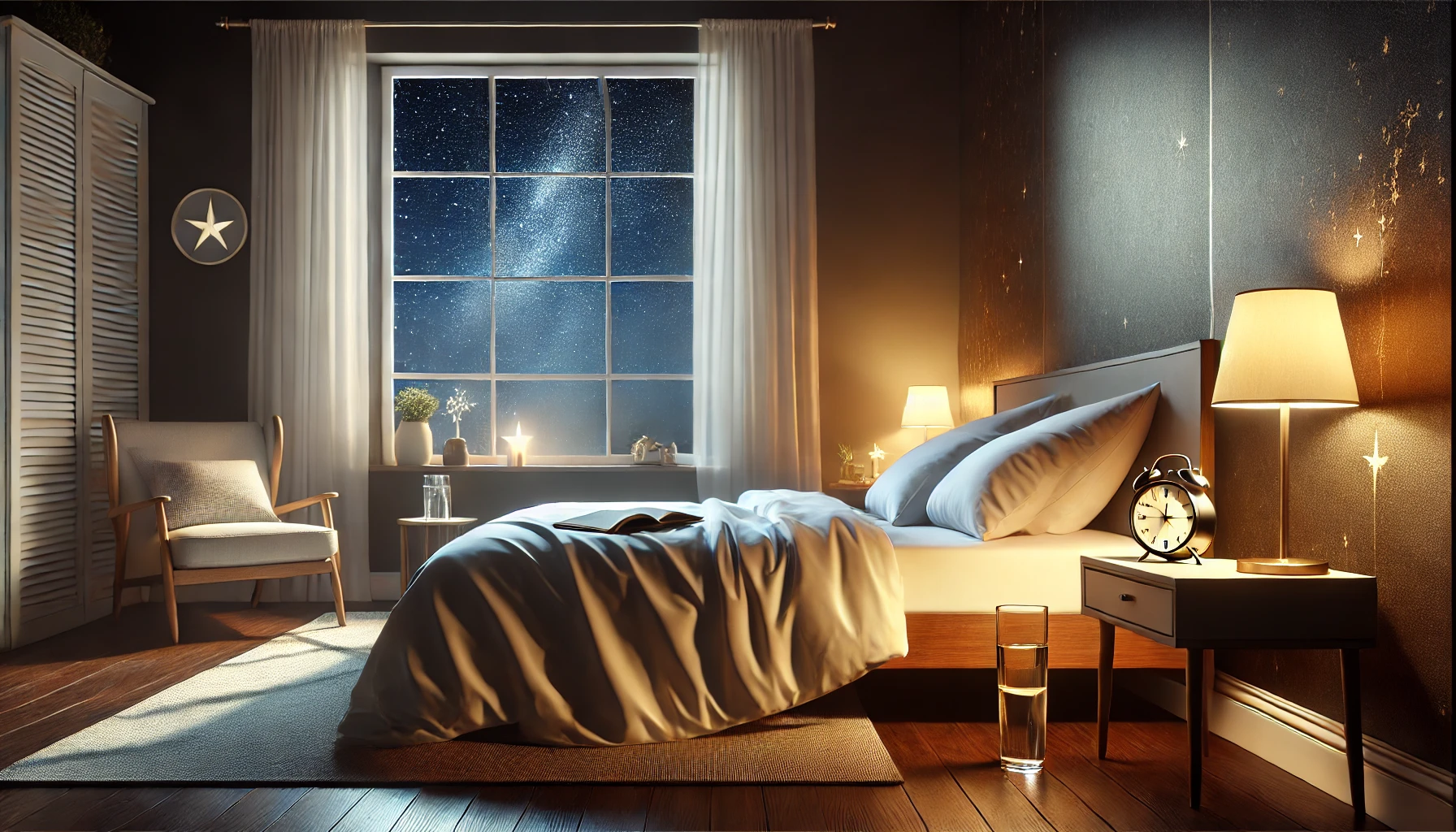 Camera da letto serena con luci soffuse, un letto accogliente con lenzuola bianche, un comodino con un bicchiere d'acqua e un libro, e una finestra che mostra un cielo stellato.