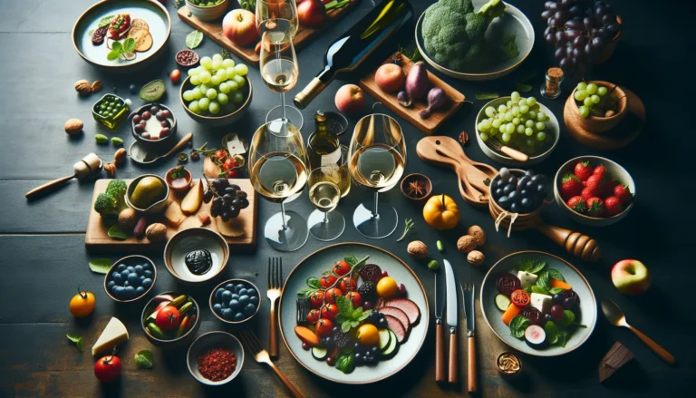 Un tavolo elegantemente apparecchiato con piatti gourmet e calici di vino, pronto per una cena festiva.