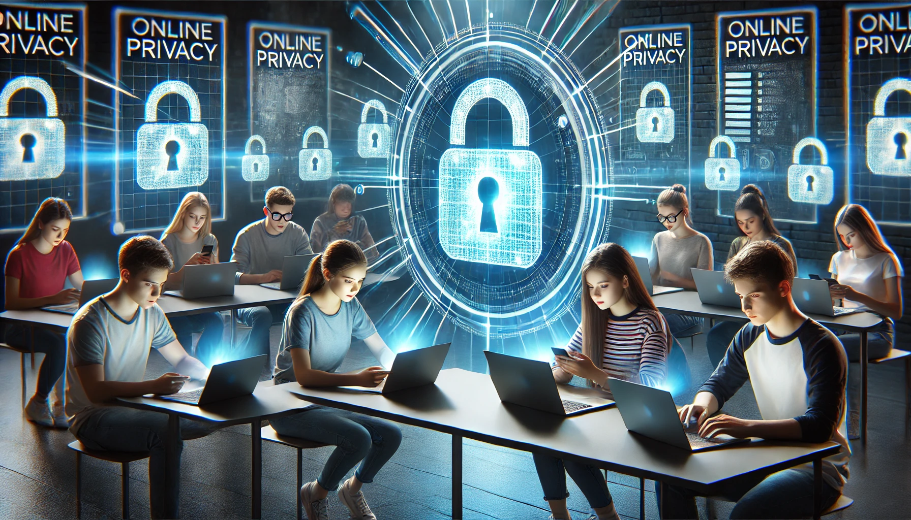 Adolescenti che navigano online in sicurezza con simboli di protezione della privacy