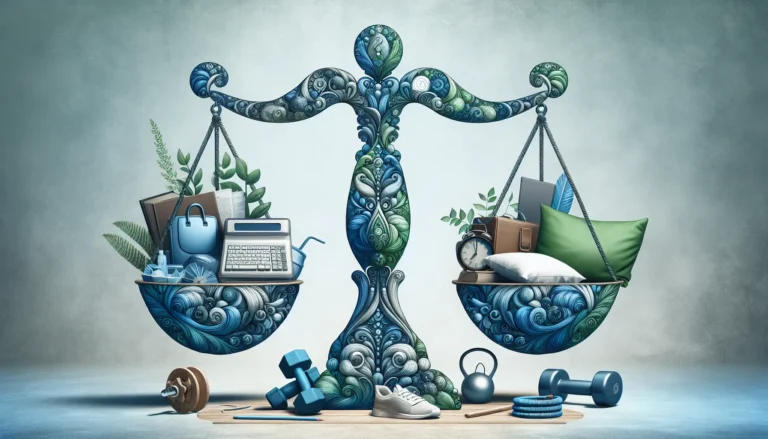 Un paesaggio sereno che rappresenta l'equilibrio tra lavoro, riposo e attività fisica, con una persona che medita in un ambiente naturale.