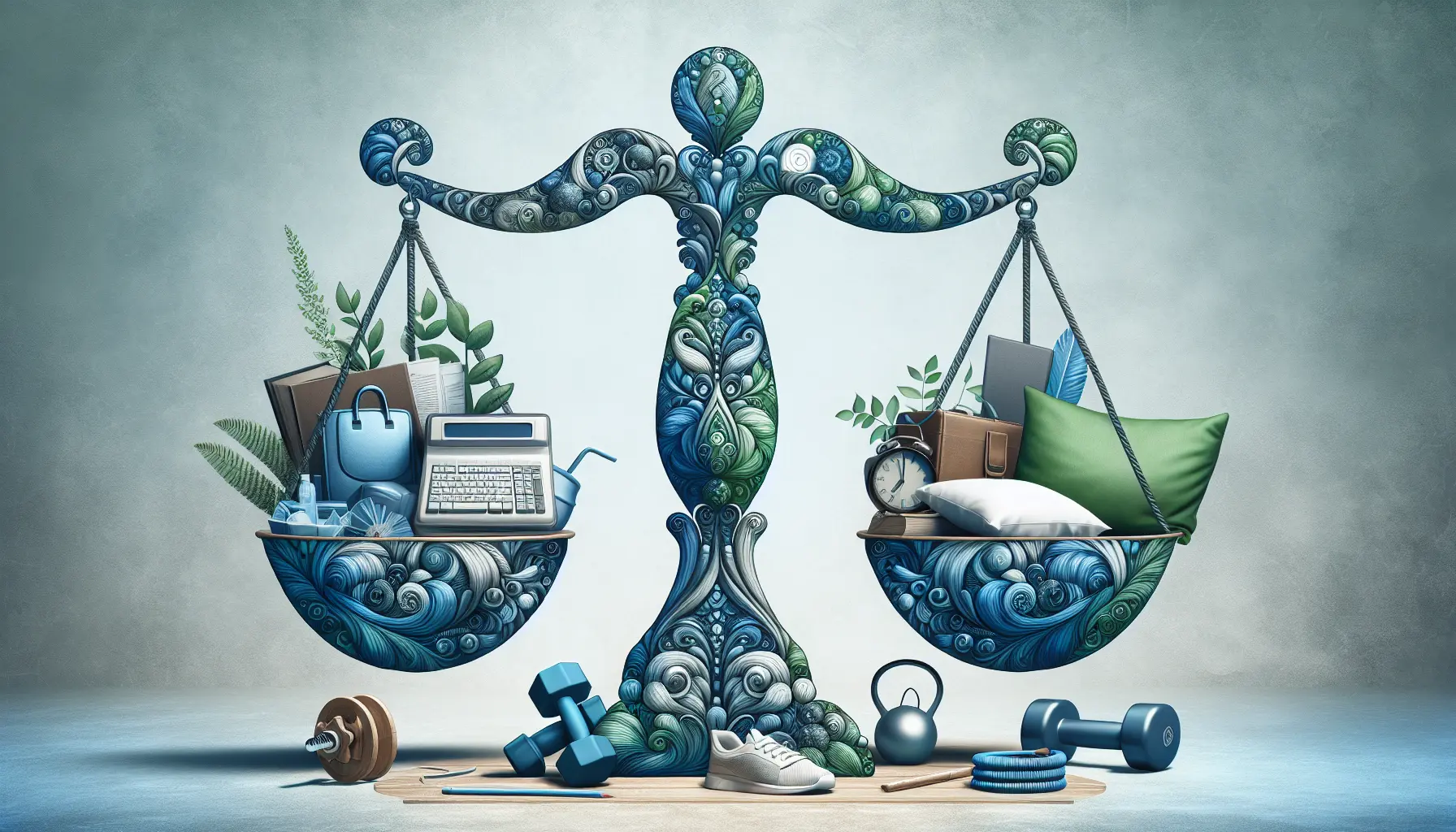 Un paesaggio sereno che rappresenta l'equilibrio tra lavoro, riposo e attività fisica, con una persona che medita in un ambiente naturale.