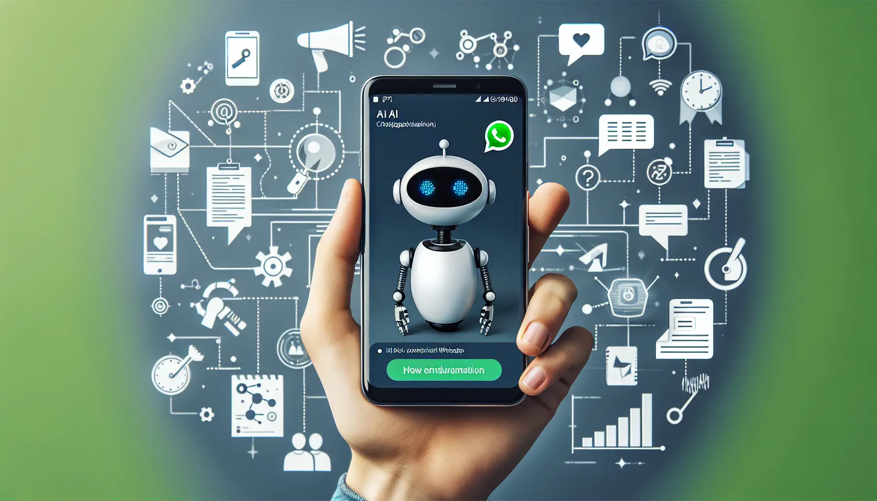 Un'immagine che rappresenta l'integrazione di ChatGPT con WhatsApp, mostrando un telefono con l'app aperta e conversazioni in corso.