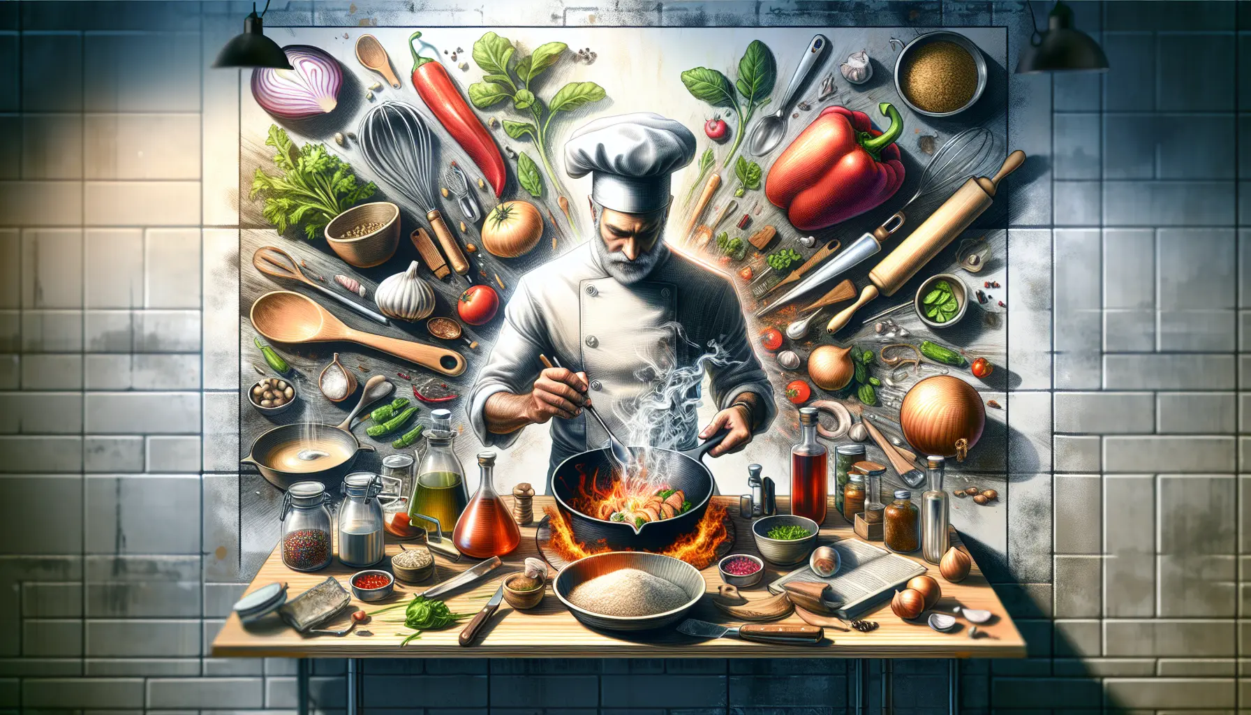 Chef Rubio mentre cucina, circondato da ingredienti freschi e colorati, esprimendo passione e creatività.