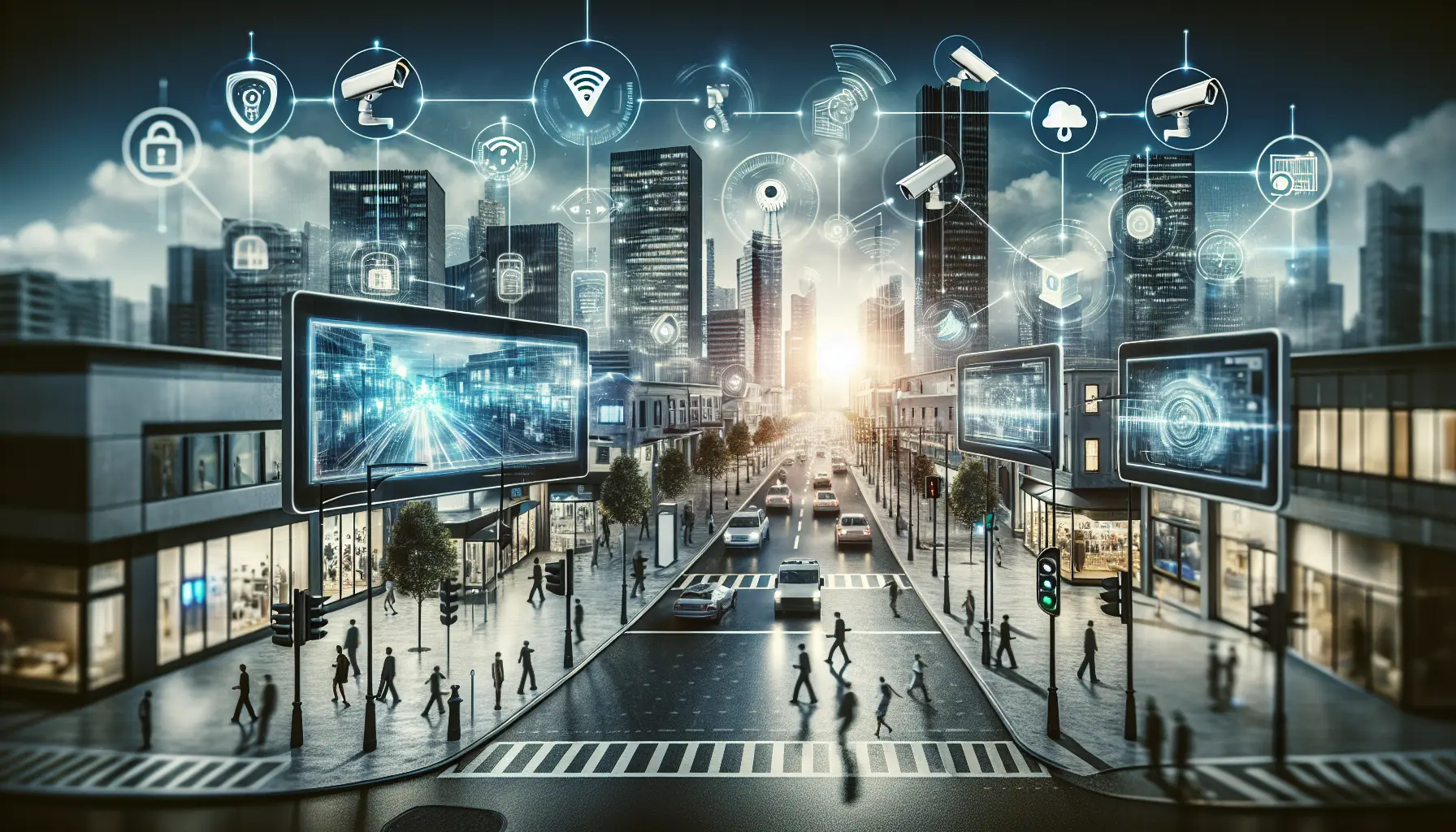 Un'immagine che rappresenta un sistema di sorveglianza intelligente in una città moderna, con telecamere e dispositivi IoT.
