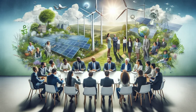 Un gruppo di persone che collabora per installare pannelli solari su un tetto, simboleggiando l'impegno verso le energie rinnovabili.