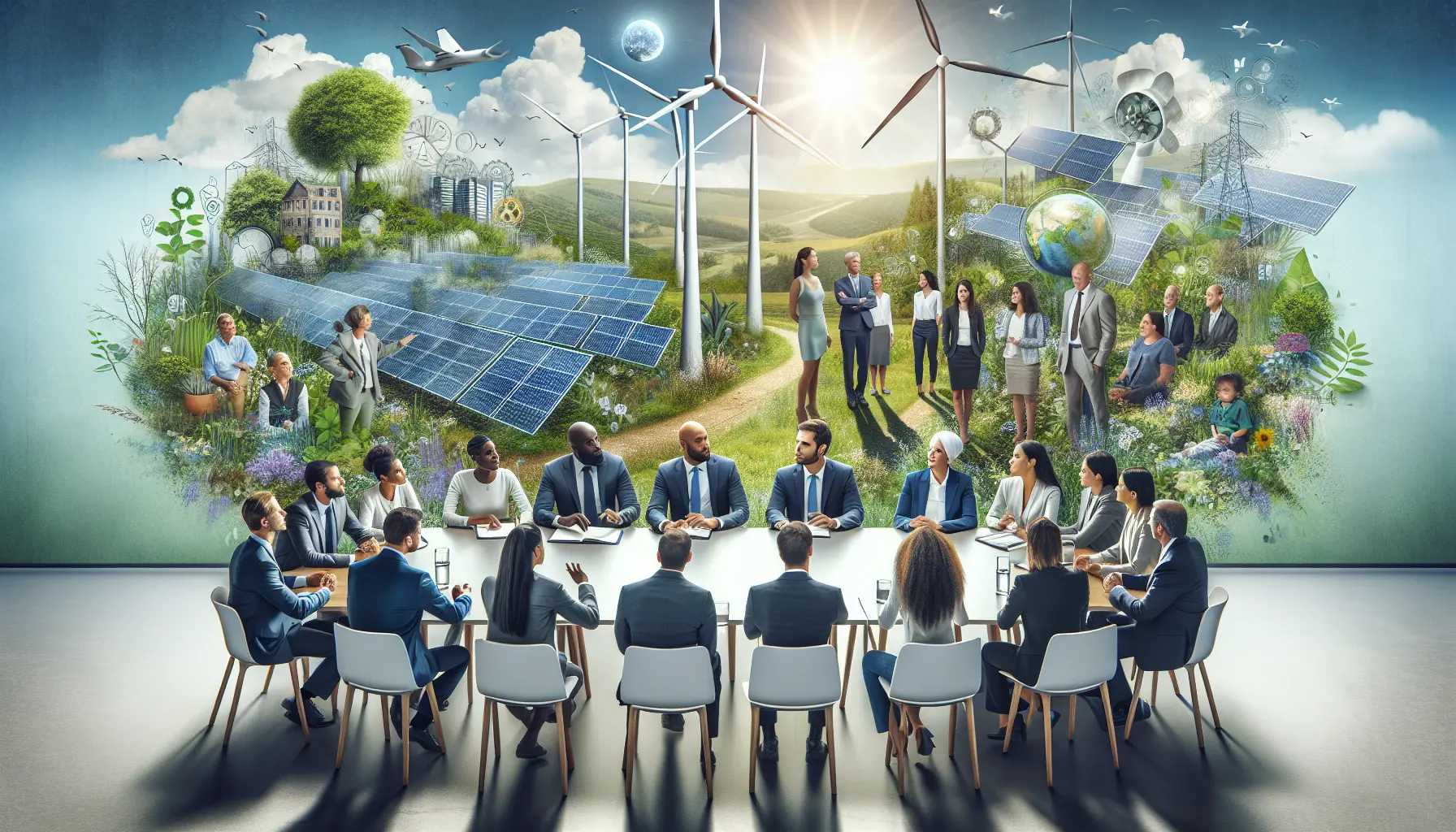 Un gruppo di persone che collabora per installare pannelli solari su un tetto, simboleggiando l'impegno verso le energie rinnovabili.