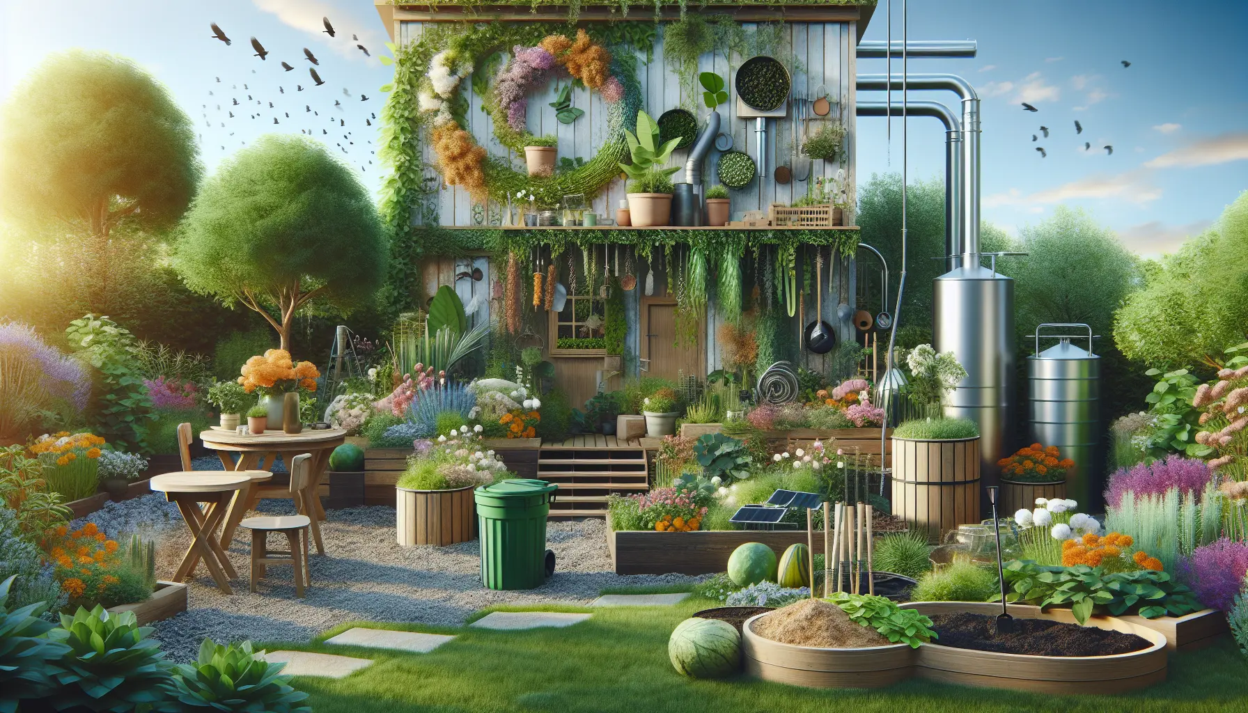 Un giardino rigoglioso con piante autoctone e un compost bin, simbolo di sostenibilità e connessione con la natura.