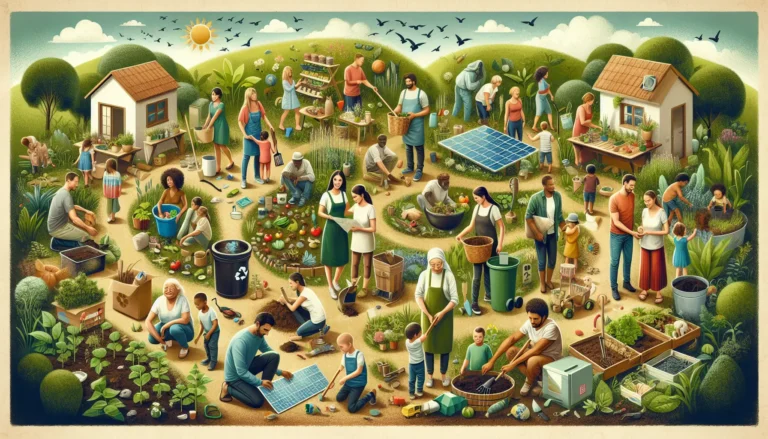 Una famiglia che lavora insieme nel giardino, coltivando piante e creando un ambiente sostenibile.