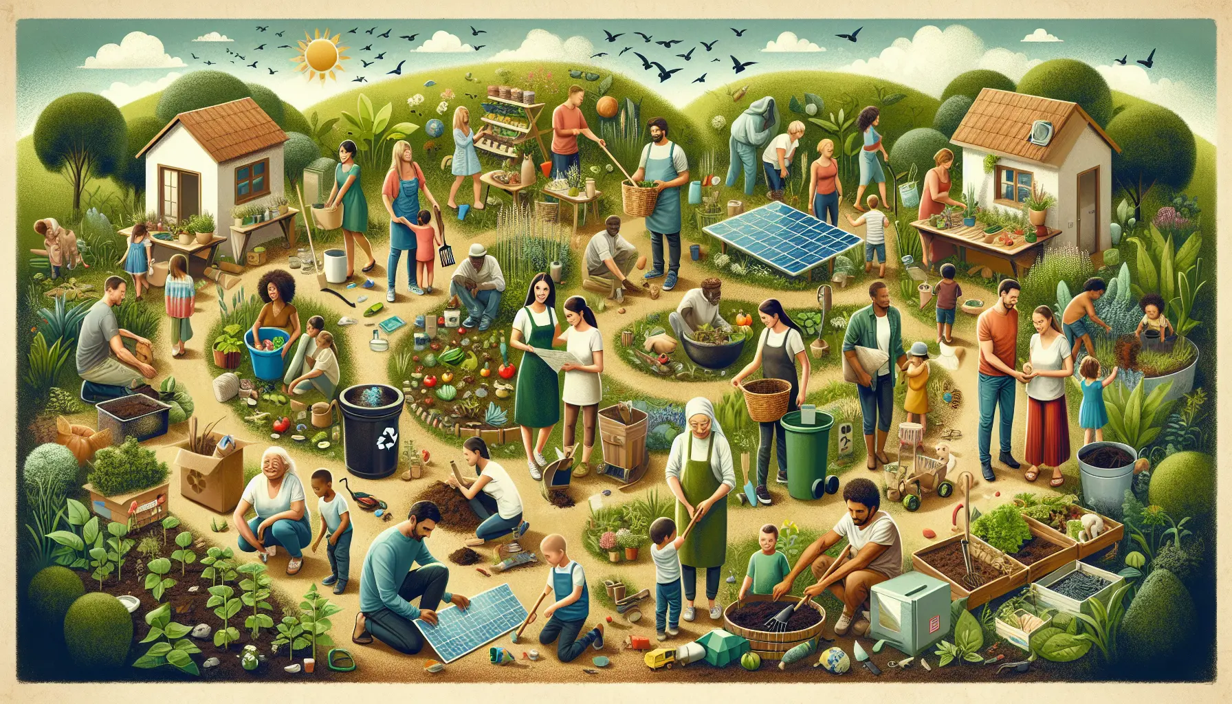 Una famiglia che lavora insieme nel giardino, coltivando piante e creando un ambiente sostenibile.