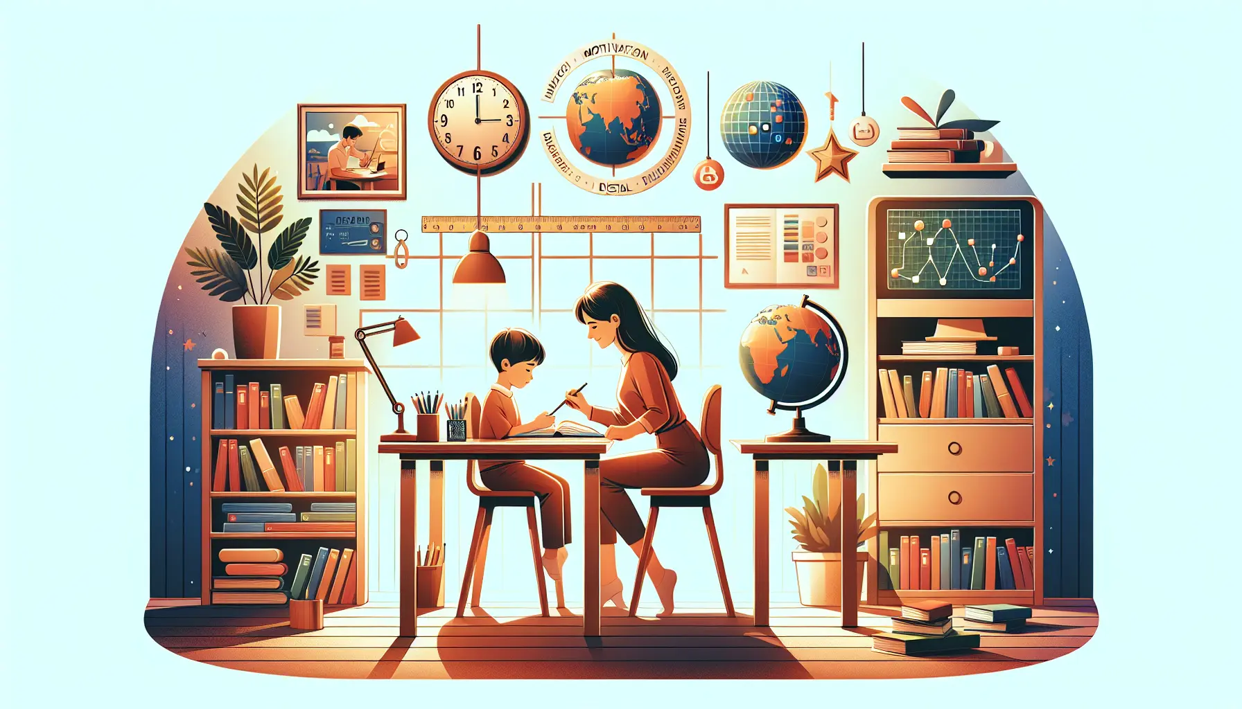Un genitore che aiuta un bambino a studiare in un ambiente tranquillo e organizzato.