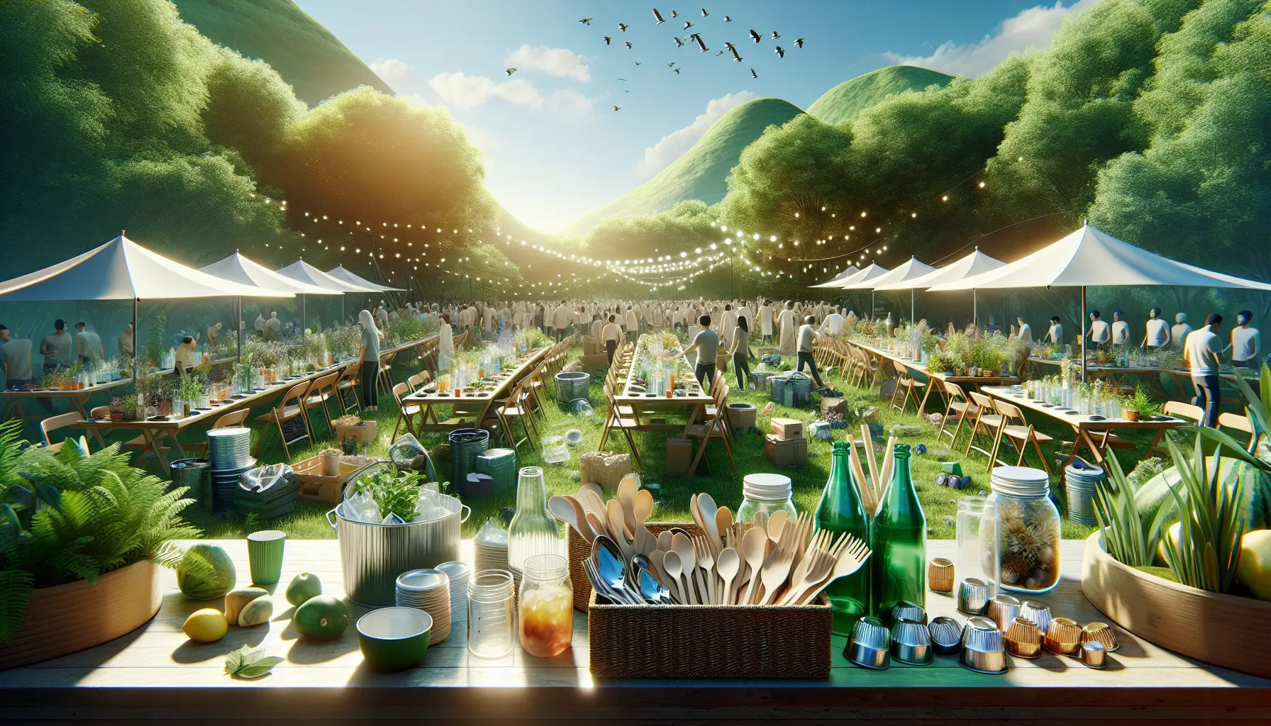 Un evento all'aperto con decorazioni sostenibili e partecipanti felici che si impegnano per l'ambiente