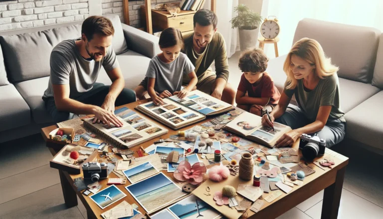 Un album di viaggio aperto con fotografie, disegni e souvenir, rappresentando un viaggio in famiglia.