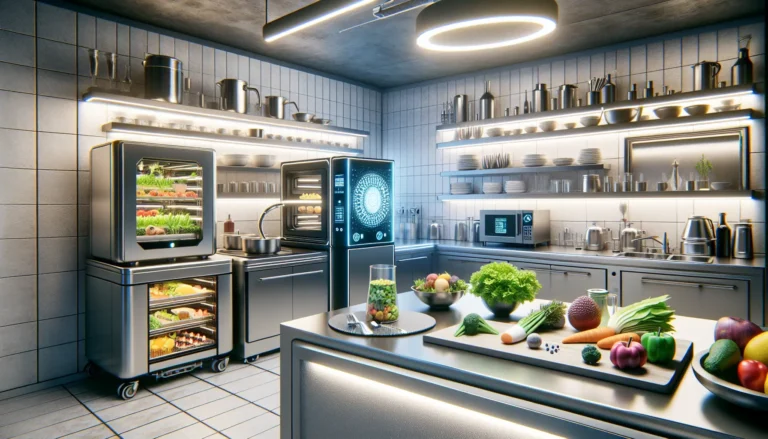 Un piatto innovativo che rappresenta la cucina del futuro, con elementi di alta tecnologia e presentazione artistica.